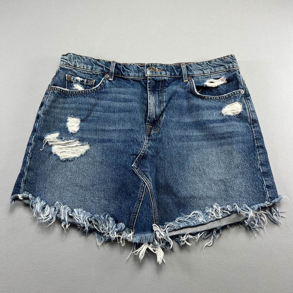 7 For All Mankind Mini Skirt Womens Blue Denim Cotton Distressed Frayed Hem